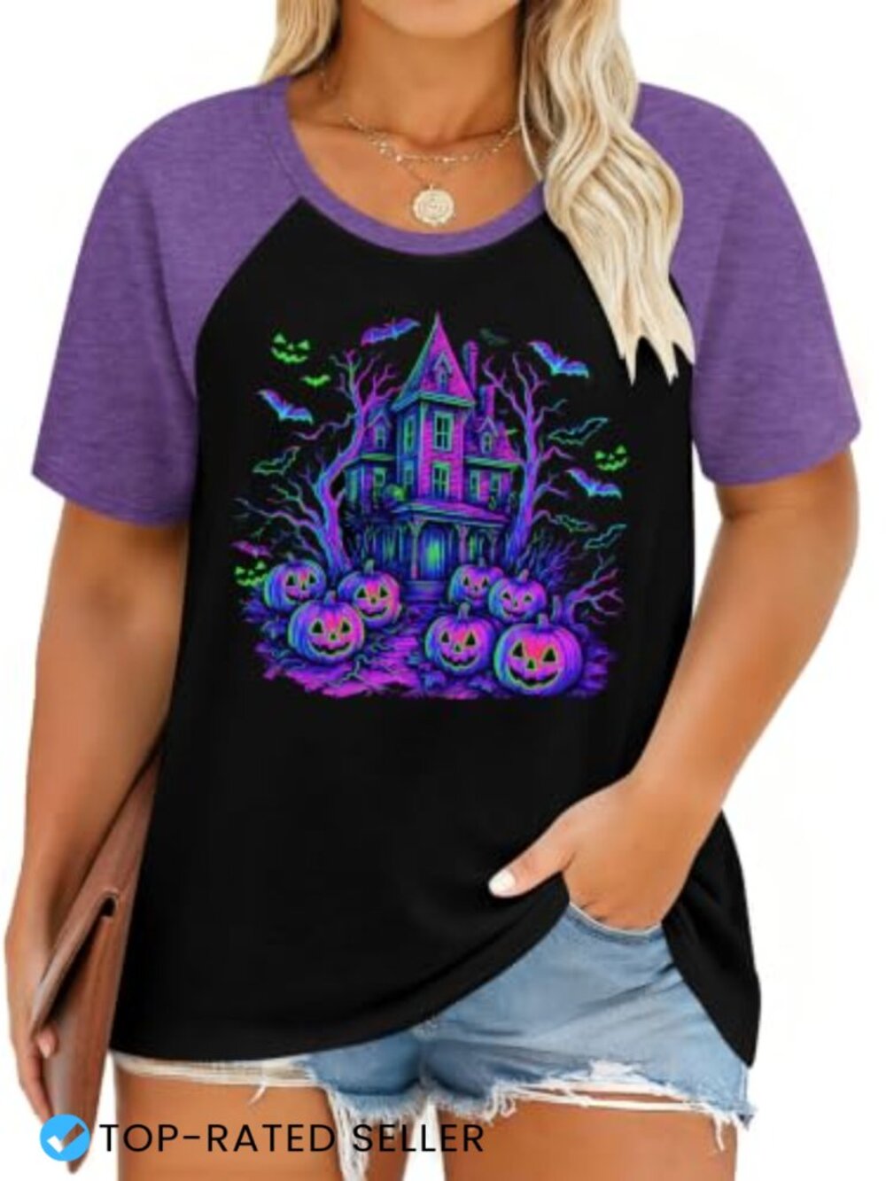 Women Plus Size Spooky Halloween Raglan Tee Ghost Pumpkin